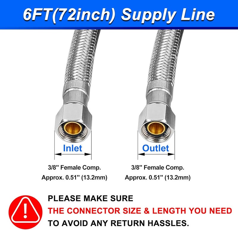 SPUREST 6FT Stainless Steel Braided Water Supply Line for Dishwasher, Brass 3/8 Inch Compression x 3/8 Inch Compression Connections, Food Grade PEX Inner Tube Water Hose - Image 4